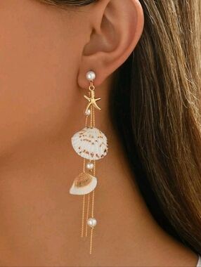 Gold Shell & Pearl Drop Earrings